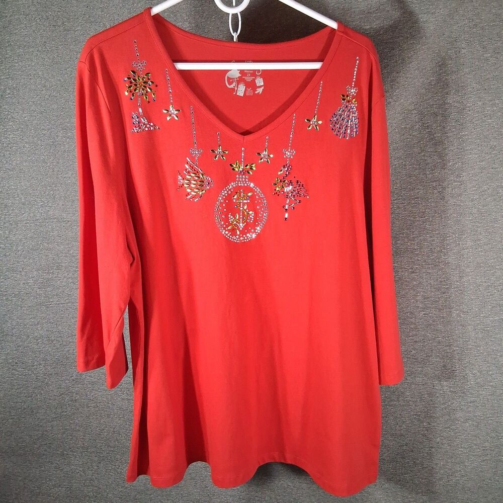 Coral Bay Christmas Tropical Embellished Top 2X Red Beaded Rhinestone